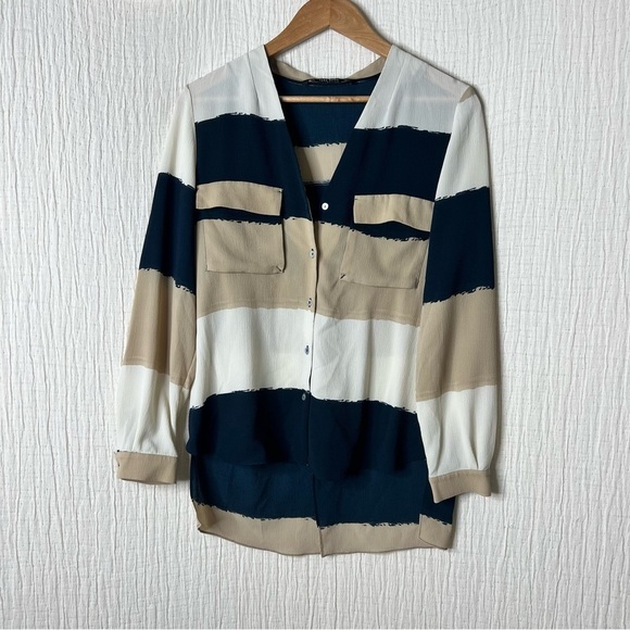 Zara Basic Tan Blue Cream Striped Long Sleeve Blouse V-Neck Split Back Hem M - Picture 1 of 4
